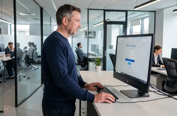 Homme accédant à un portail de connexion sécurisé sur un ordinateur de bureau dans un open space professionnel
