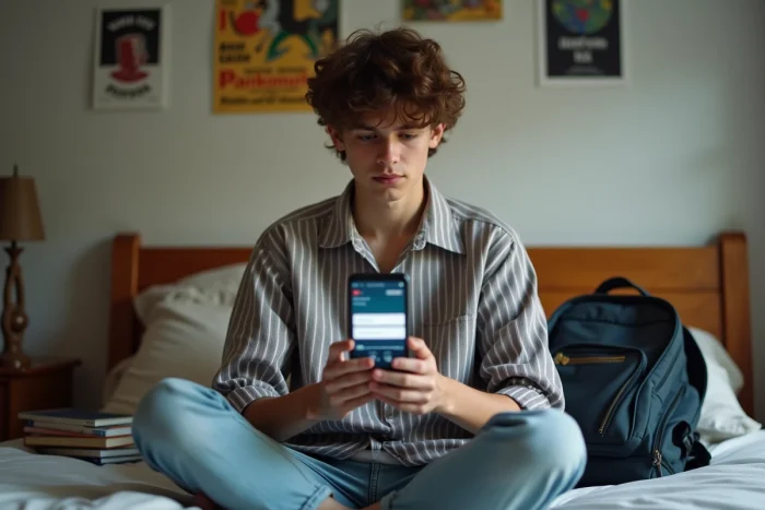 Adolescent utilisant une application de conversion YouTube en MP3 sur smartphone dans une chambre d'étudiant