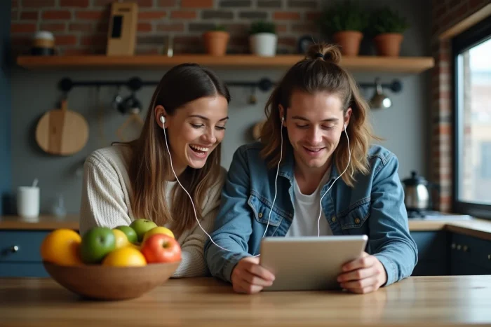 Deux amis regardant un film en streaming sur tablette ensemble dans une cuisine urbaine