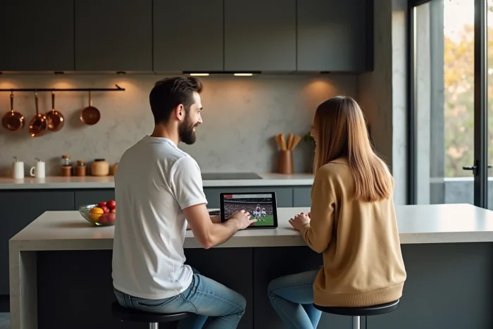 Deux amis regardant un match de sport en streaming sur tablette dans une cuisine moderne