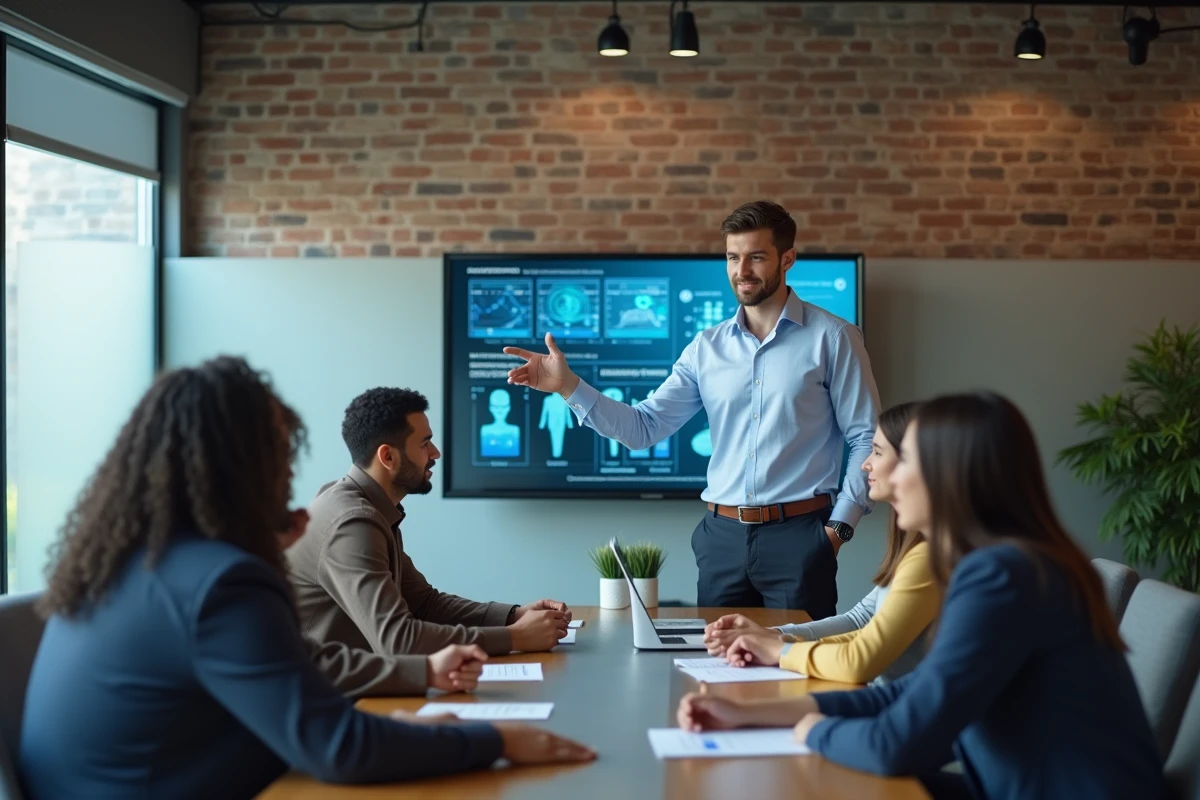 Jeune analyste médical discutant avec collègues autour d