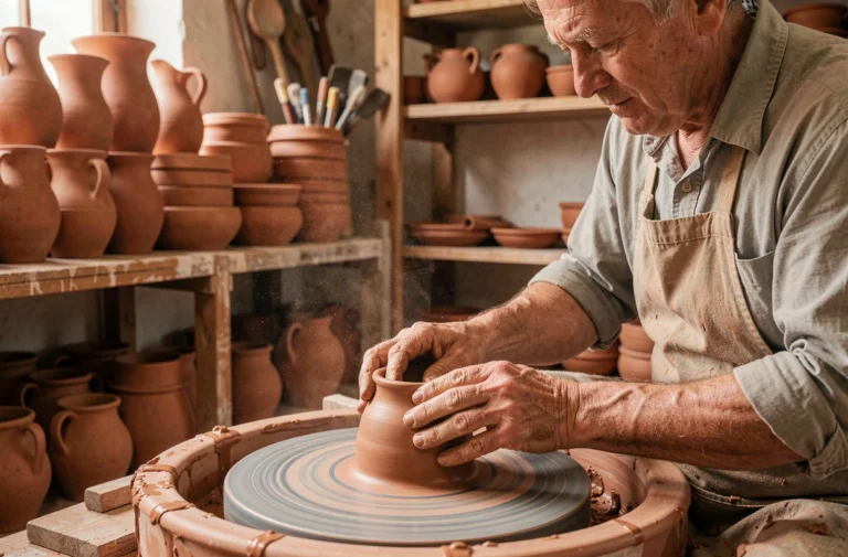 Artisan potier façonnant une pièce en argile sur un tour dans un atelier artisanal traditionnel