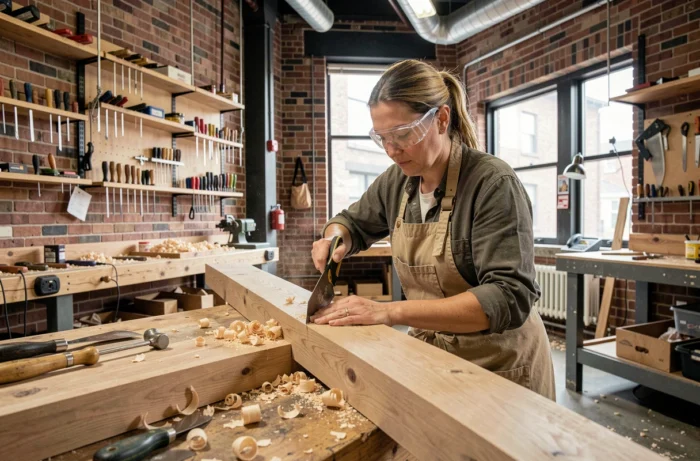 Artisane menuisière travaillant le bois dans un atelier artisanal moderne avec des outils traditionnels