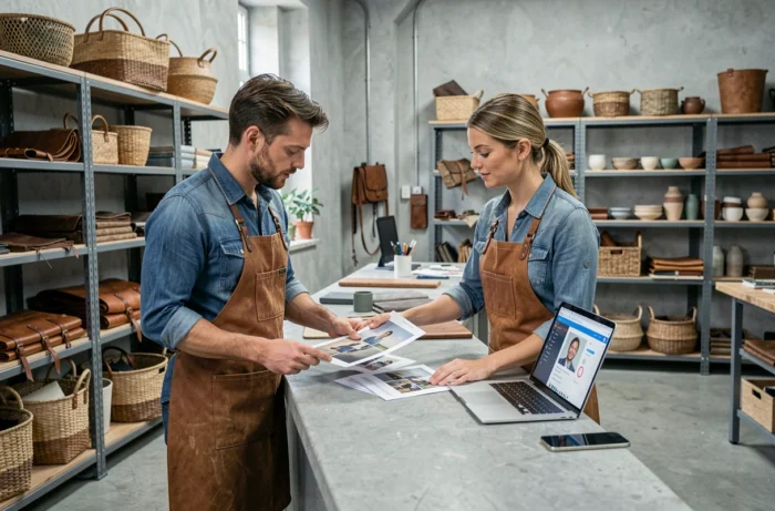 Deux artisans partenaires collaborant sur l'optimisation de leur profil professionnel dans un espace de travail créatif partagé