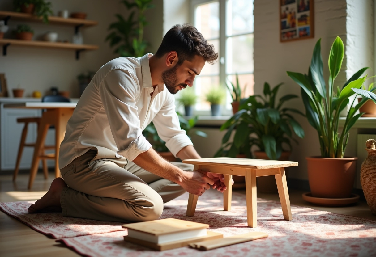 Jeune homme assemblant une petite table en bois dans un coin repas lumineux