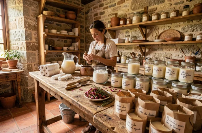 Atelier artisanal de fabrication de bougies françaises en Provence avec outils et matières premières naturelles