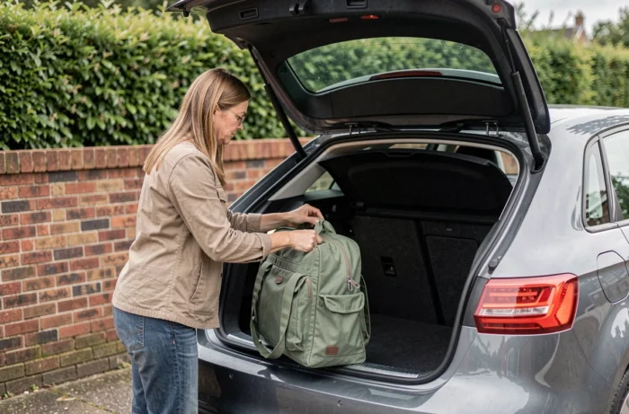 Femme chargeant un bagage dans le coffre ouvert d'une Audi A3 Sportback, montrant l'espace de chargement disponible