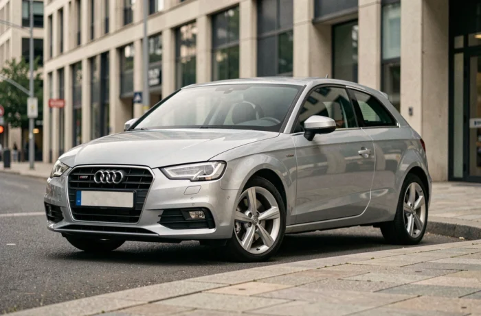 Audi A3 Sportback vue de trois quarts avant dans un cadre urbain, illustrant ses dimensions extérieures compactes