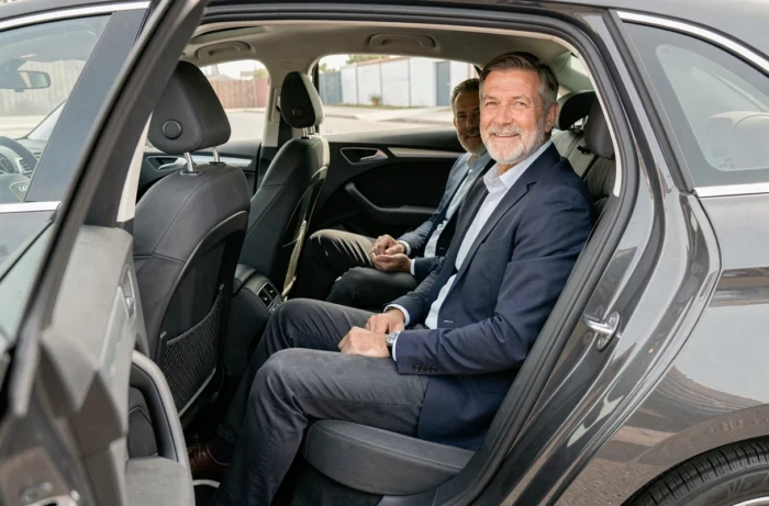 Homme assis à l'arrière d'une Audi A3 Sportback illustrant l'espace aux jambes et le confort des passagers