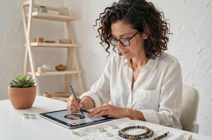 Artisane bijoutière optimisant son profil professionnel sur tablette dans un studio créatif moderne et épuré