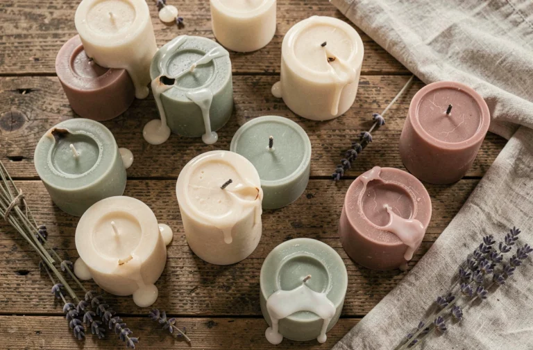 Assortiment de bougies artisanales françaises sur une table en bois rustique avec lavande séchée et lin vintage