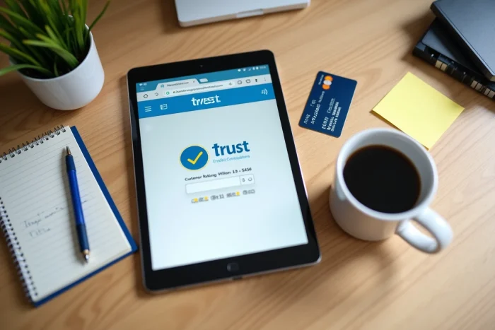 Vue aérienne d'un bureau avec tablette affichant des avis et badges de confiance pour évaluer la fiabilité d'un site marchand