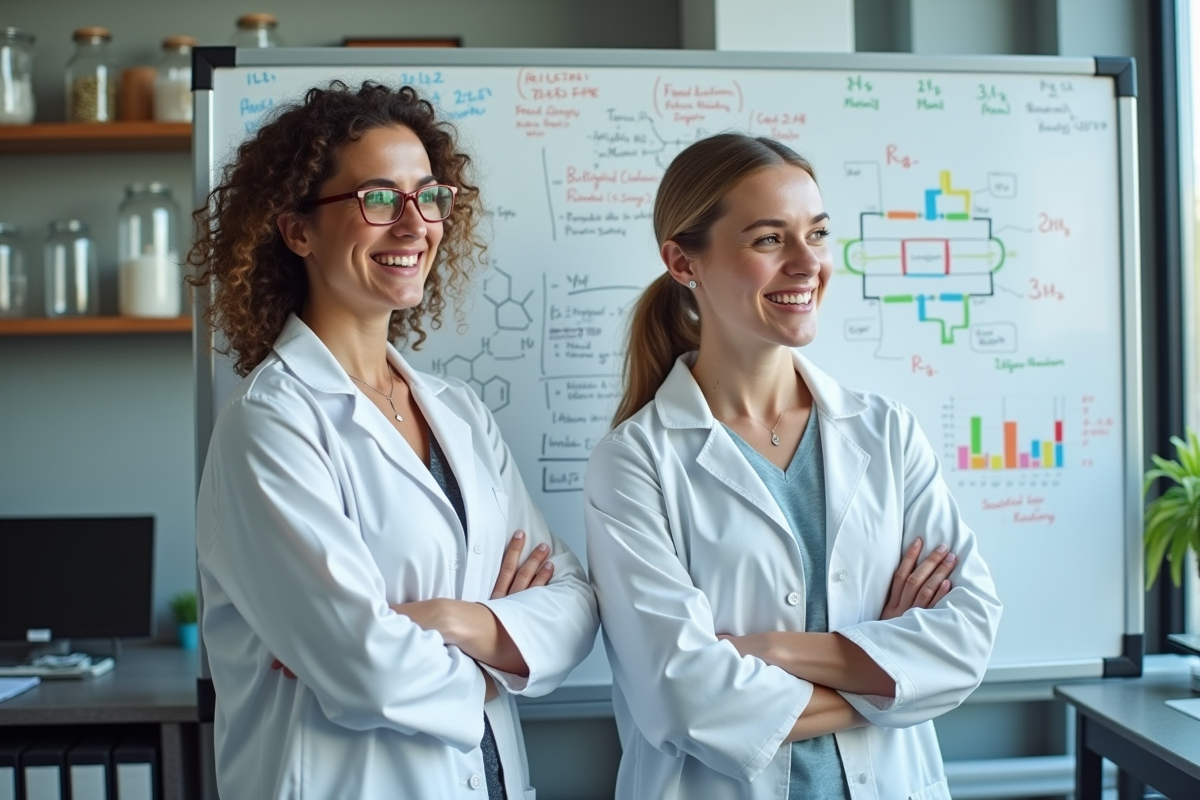 Deux chercheuses devant un tableau avec formules chimiques