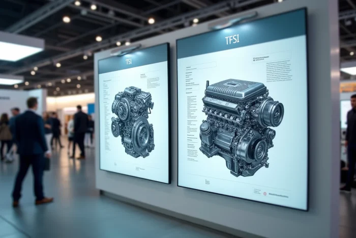 Panneaux explicatifs comparant les moteurs TSI et TFSI exposés dans un salon automobile professionnel