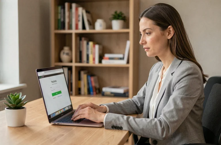 Femme connectée à son compte en ligne sur un ordinateur portable dans un bureau à domicile