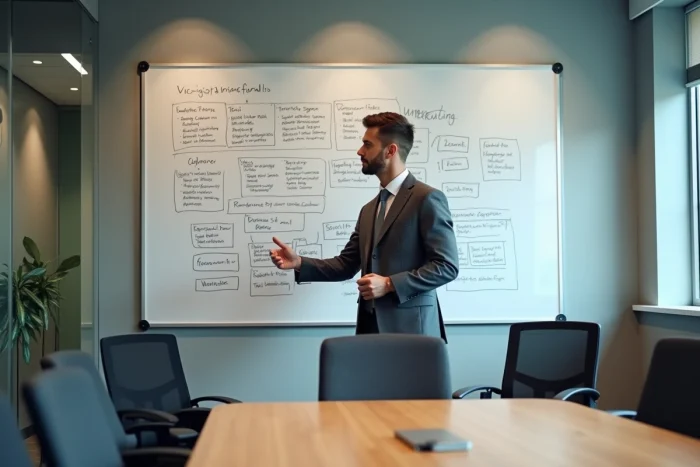 Consultant en marketing digital présentant une stratégie de visibilité pour une entreprise sur tableau blanc