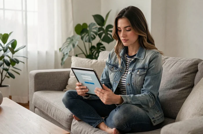 Jeune femme consultant son compte en ligne sur une tablette depuis son canapé à la maison