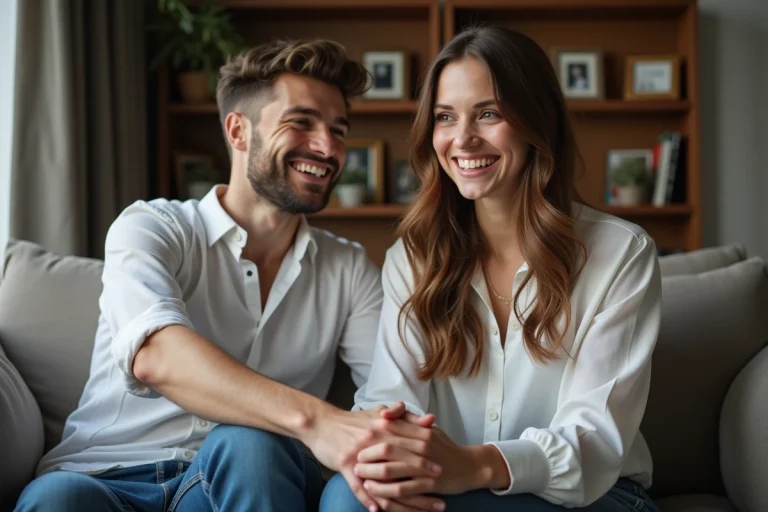 Couple souriant dans un salon moderne et chaleureux