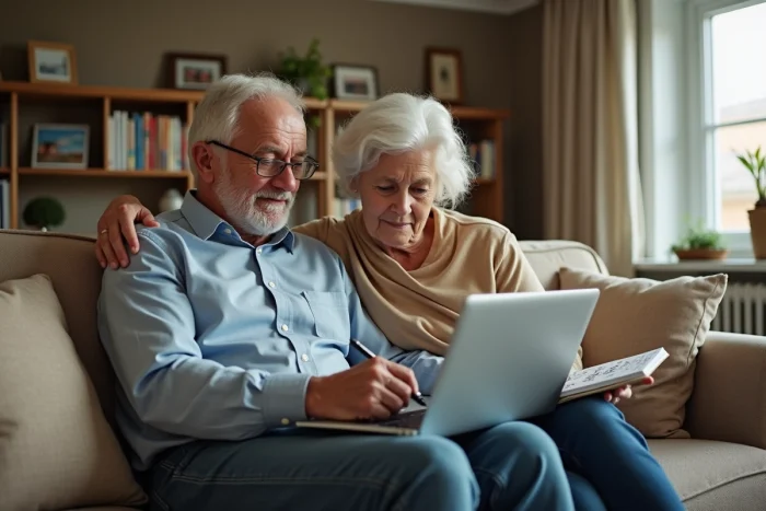 Couple de retraités consultant un simulateur de retraite sur ordinateur dans leur salon