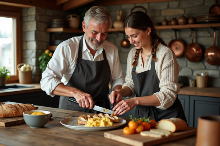 Homme suisse et femme française en costume traditionnel préparant raclette