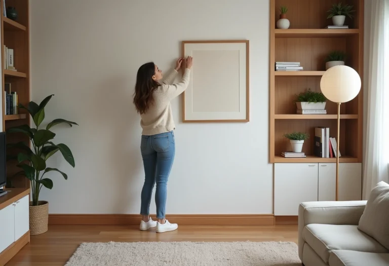 Femme accrochant une œuvre d'art dans un salon moderne chaleureux