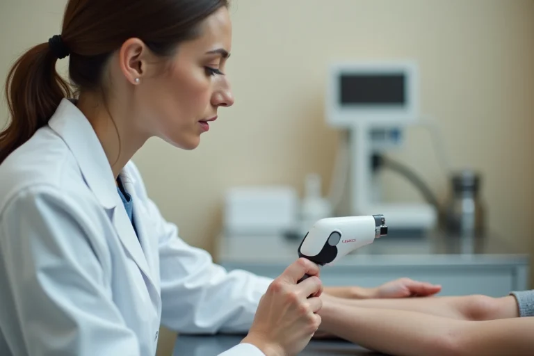 Dermatologue examinant un grain de beauté avec un dermoscope en cabinet médical