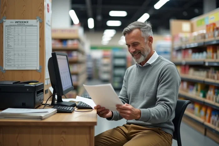 Homme consultant un document imprimé au service client d'un Carrefour