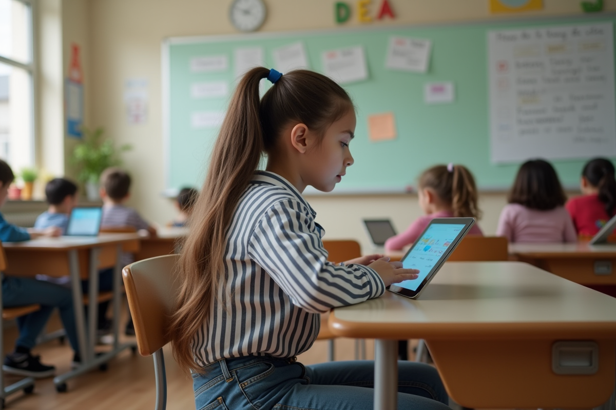 Jeune collégienne concentrée sur sa tablette en classe