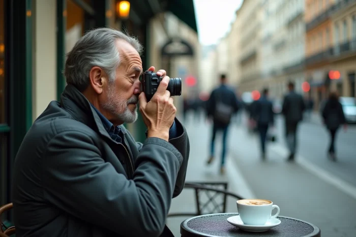 Enquêteur privé photographiant discrètement un bâtiment depuis la terrasse d'un café à Lyon