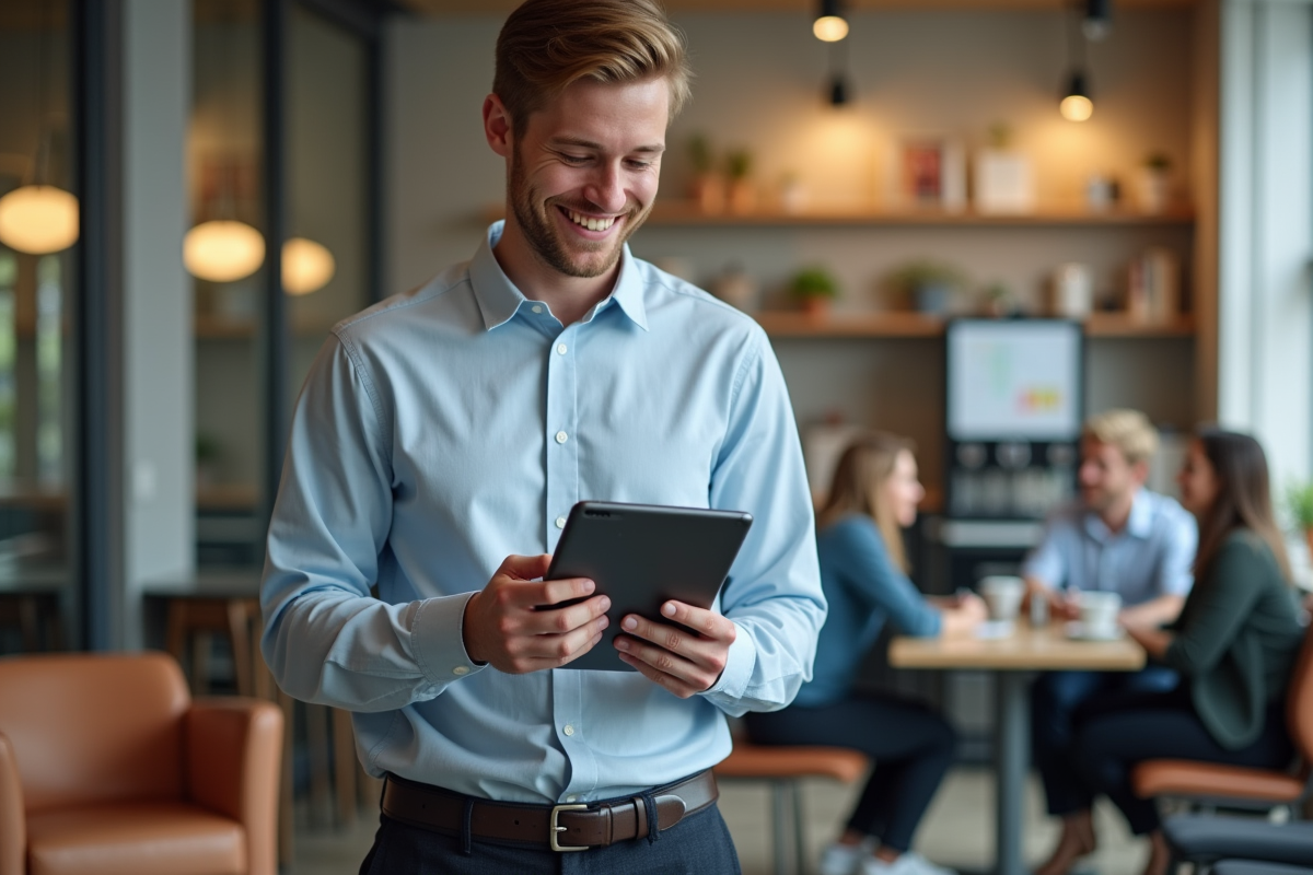 Jeune enseignant souriant utilisant une tablette en salle de repos
