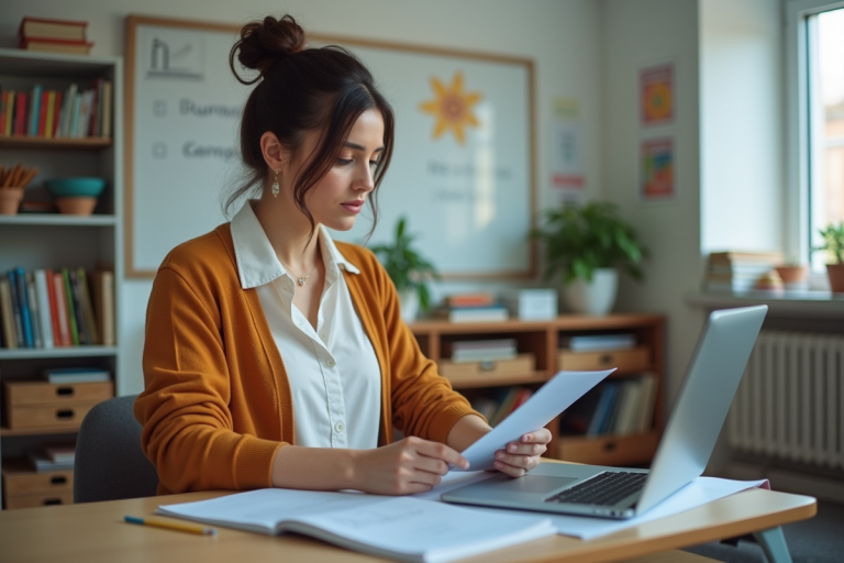 Enseignante préparant des ressources numériques en classe