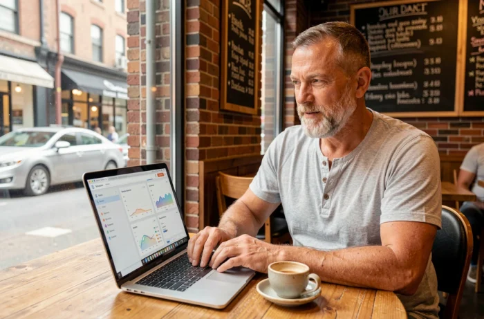 Chef d'entreprise consultant un tableau de bord marketing local sur son ordinateur dans un café urbain