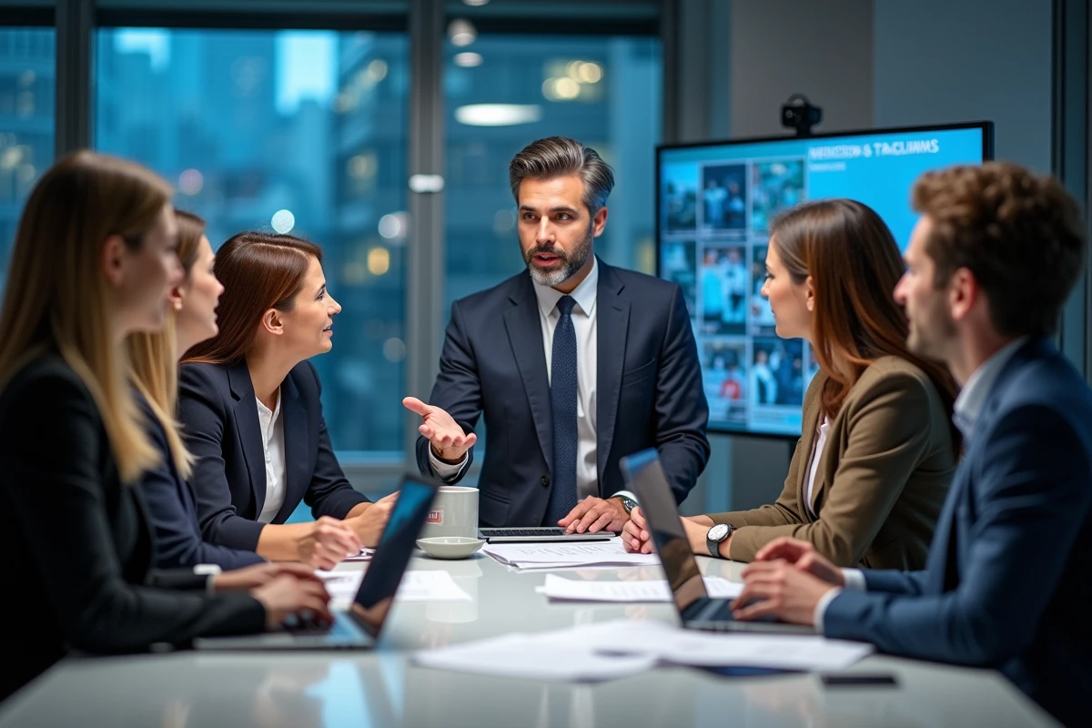 Groupe de professionnels médias en réunion dans un newsroom