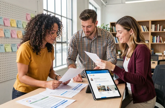 Équipe marketing analysant une stratégie de référencement local sur des rapports imprimés et une tablette en espace de coworking