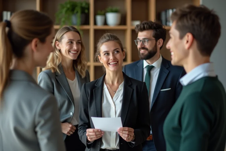 Groupe de collègues en bureau avec ambiance chaleureuse