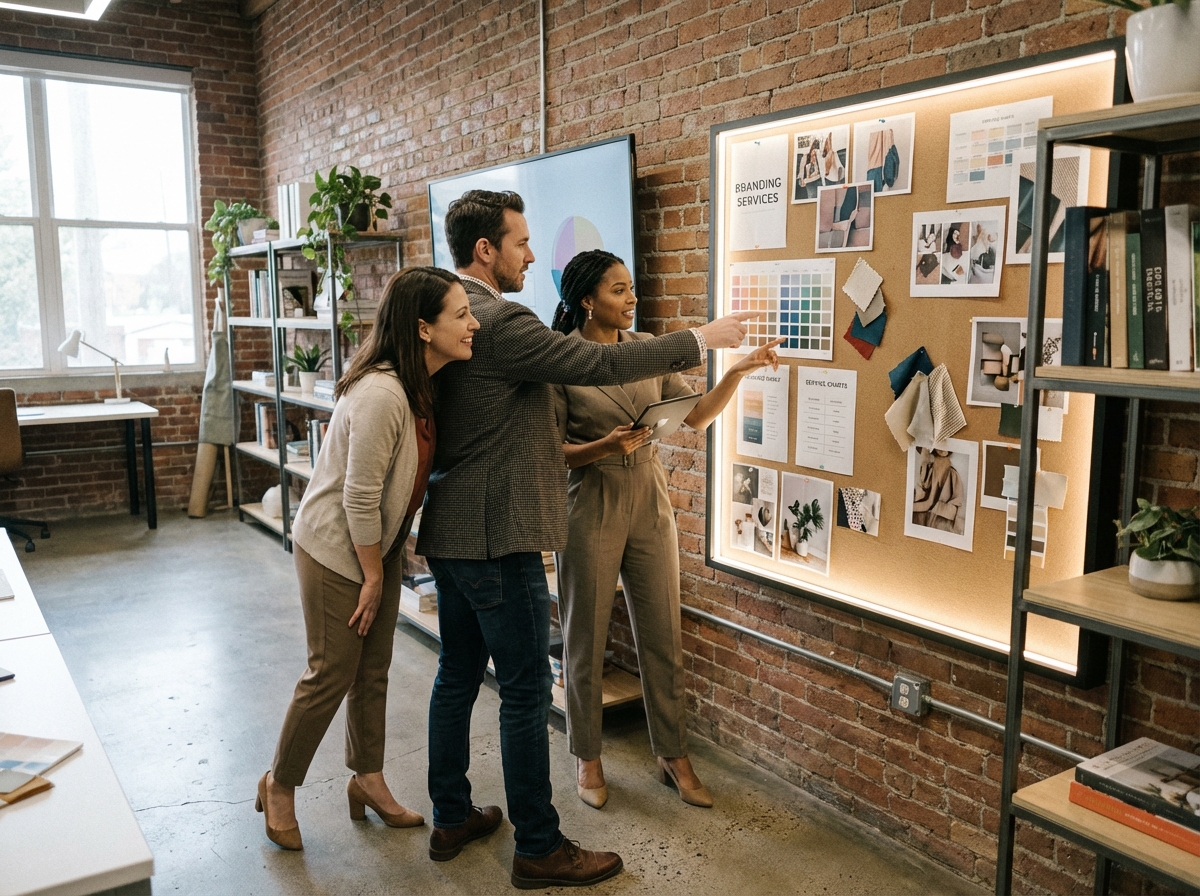Groupe de collègues discutant autour d un mur d affichage