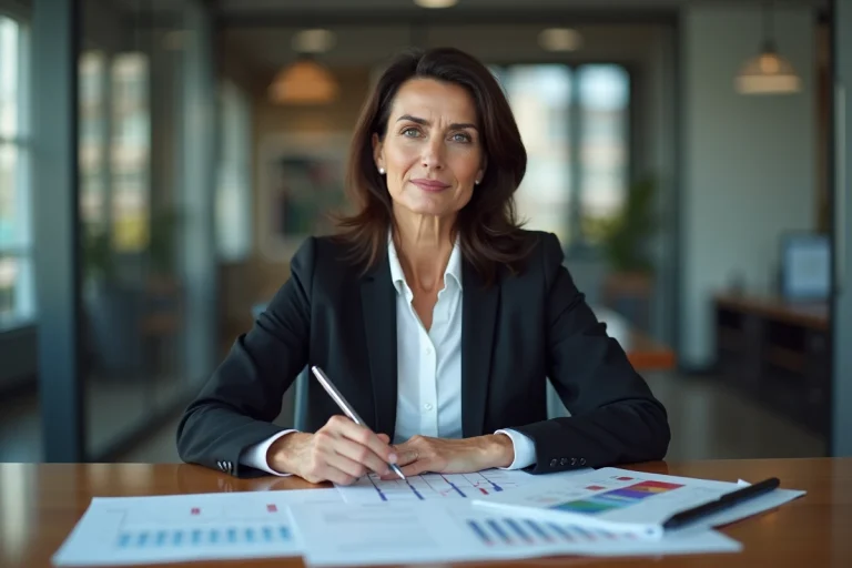 Femme d'affaires française analysant des graphiques d'inflation