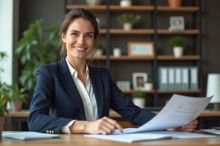 Femme d'affaires en réunion dans un bureau lumineux