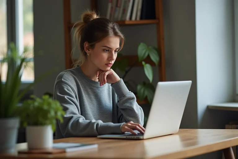 Femme consultant un site e-commerce français sur son ordinateur portable pour vérifier sa fiabilité avant achat