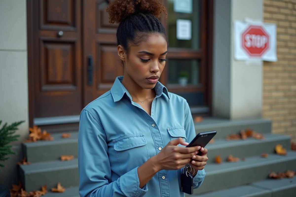 Femme devant une maison avec un avis d