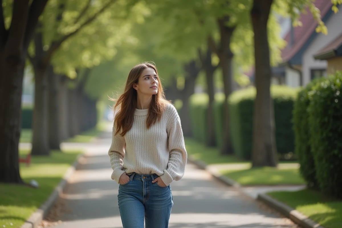 Femme seule marchant dans une rue tranquille arborée