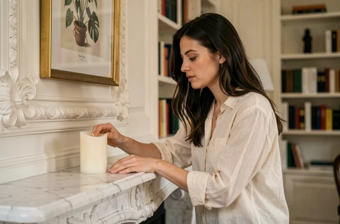 Femme française disposant une bougie artisanale sur un manteau de cheminée en marbre dans un appartement parisien