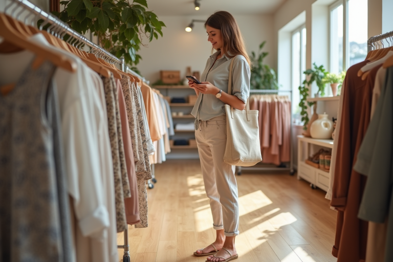Femme stylée dans une boutique de vêtements d'été