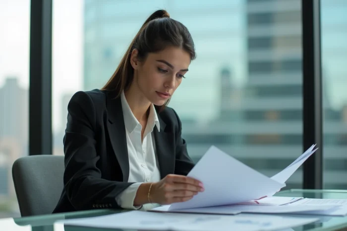 Femme en bureau moderne examine des documents avec vue urbaine