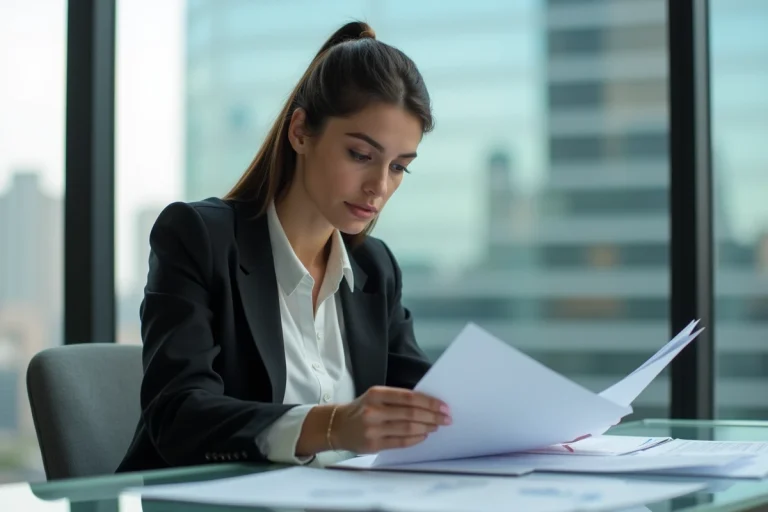 Femme en bureau moderne examine des documents avec vue urbaine