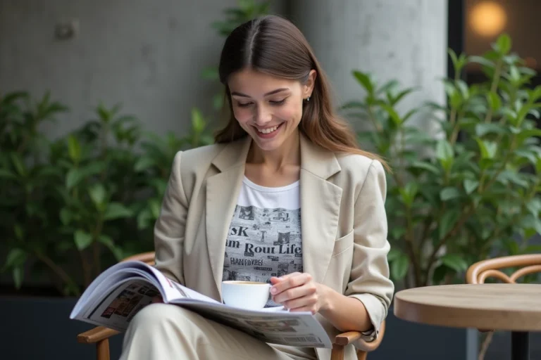 Femme élégante lisant un magazine dans un café