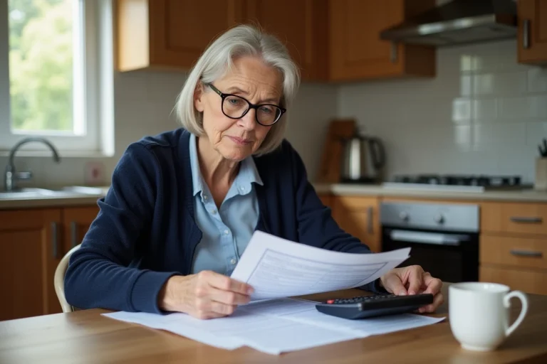 Femme de 58 ans calculant sa retraite avec des documents de pension sur une table en bois