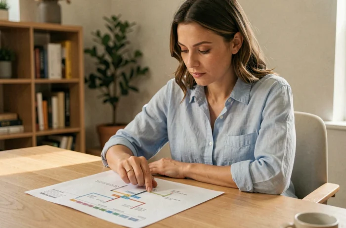 Femme consultant un plan de site imprimé sur un bureau en bois dans un bureau à domicile moderne