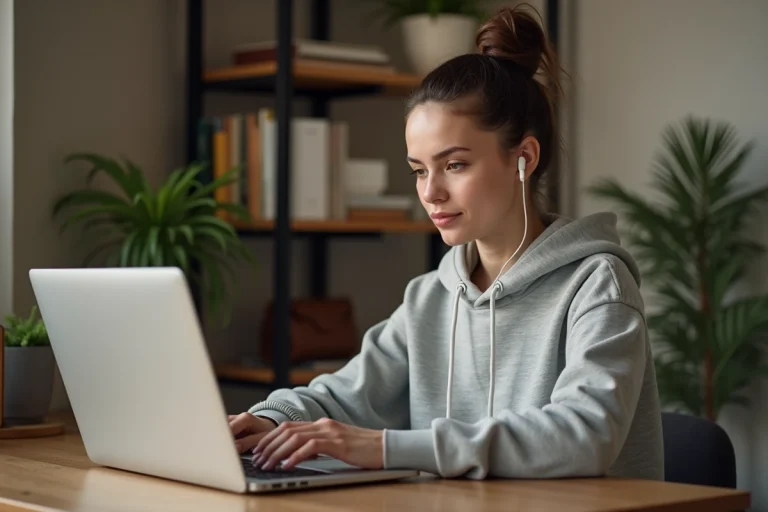 Jeune femme utilisant un convertisseur MP3 YouTube sur son ordinateur portable dans un bureau à domicile