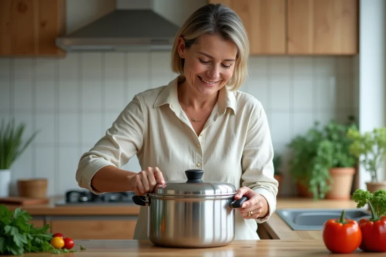 Femme souriante ouvrant un cuiseur vapeur en cuisine